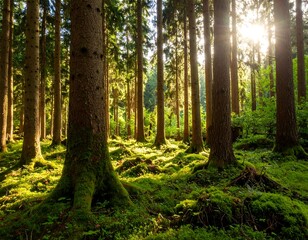 Fototapeta premium Sunlit forest floor with tall trees