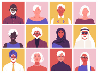 A set of smiling faces of elderly people. Different races and nations. Diversity. Multi-nationality. Portraits of happy grandparents. Society and population. Vector flat Illustration