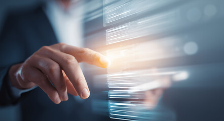 Hand interacting with digital data streams, symbolizing advanced technology and information processing.