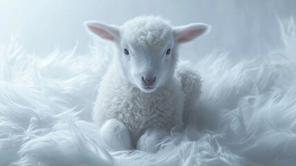 Fototapeta premium Cute White Lamb Sitting on Soft Fluffy Background lamb fluffy soft sitting baby sheep cute lamb wool