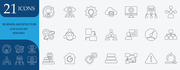 Business architecture line icons with strategy, structure, management, marketing, and process visuals. Editable vector set for planning and development
