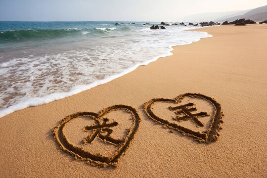 Two hearts drawn in sand on tropical beach expressing love in chinese characters