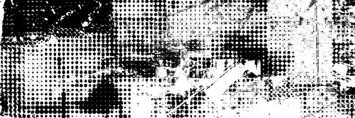 Punk grange texture composition. Halftone background with black and white grainy dotted overlay. Vector gritty template.