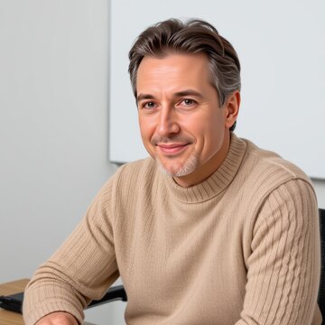 Middle-aged man with average facial features, in a relaxed pose, wearing a beige knit sweater, sitting at a desk, white background