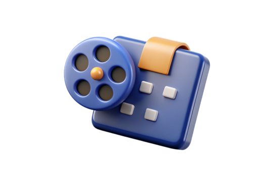 Blue 3D movie camera with film reel and orange handle on white background, isolated on a transparent background