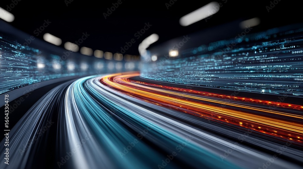 Poster abstract data stream in cyber tunnel conveying digital data, representing high-speed internet 5g