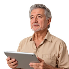 Elderly man, gentle expression, wearing a loose sand-colored shirt, standing, holding a tablet, eyes looking slightly upwards, calm and reflective mood,  on transparent background