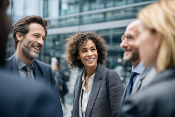 Grupa pracowników korporacji podczas przerwy na świeżym powietrzu, uśmiechnięci, żartujący i relaksujący się razem na tle nowoczesnego biurowca.