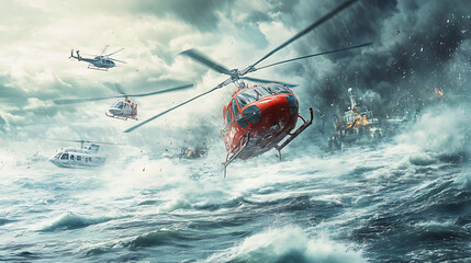 Fototapeta premium Breaking news coverage of a rescue operation, boats and helicopters 