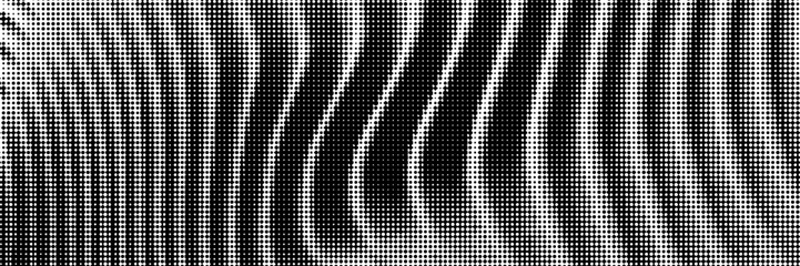 Surrealistic halftone waves background. Curve lines pattern in black and white monochrome. Vector horizontal wallpaper.