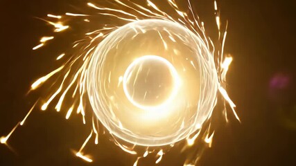 Glowing abstract light vortex with golden sparks and circular energy swirl on dark background. Concept of futuristic energy, cosmic motion, high-tech force, particle acceleration