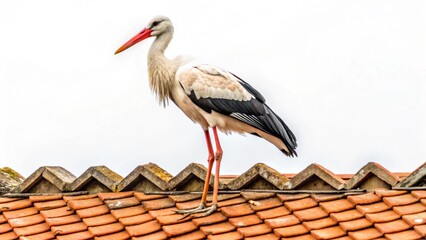 White stork (Ciconia ciconia) on a roof, a beautiful wild bird with a red beak and black and white feathers, nesting in nature's green grass under the sky