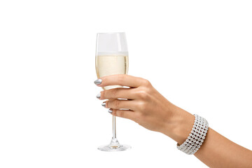 Woman's hand holding sparkling champagne flute with bubbles visible wearing decorative pearl bracelet and silver manicure, isolated on a transparent background