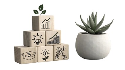  Minimalist setup with wooden blocks showing savings and growth icons, paired with a stylish succulent on a neutral background, conveying financial planning and wealth management.

