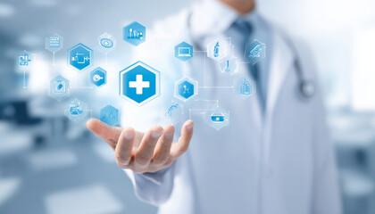 Medical professional presenting digital health icons, symbolizing advanced healthcare technology.