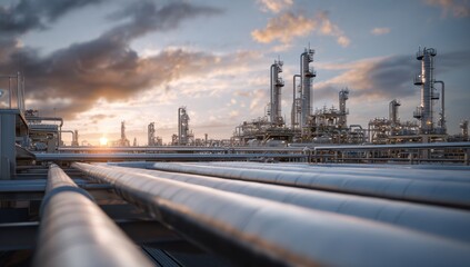Obraz premium Industrial complex at dusk featuring pipelines extending into the distance beneath a dramatic sky, evoking a sense of industry and energy.