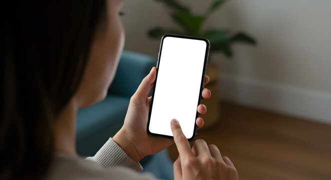 Young woman user holding smart phone in hand touching finger mock up white empty cellphone screen using mobile applications at home. Display mockup close up over shoulder view. - Powered by Adobe