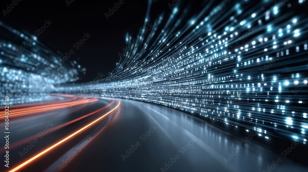 Poster futuristic digital data highway with fast speed data streams and global connectivity networks