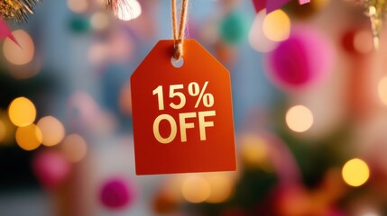 Discount tag announcing 15 percent off during festive season promotions