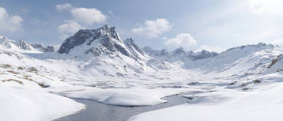 Snowy mountain landscape with winding river under cloudy sky, peaceful alpine valley covered in fresh snow, cold winter scenery with rugged peaks and serene water flow
