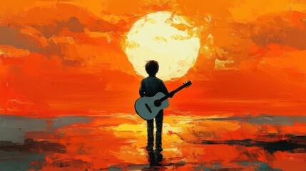 Obraz premium Serene sunset silhouette: A young guitarist's solitary performance by the sea