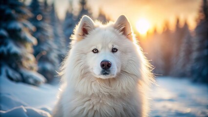 Siberian husky dog standing in snowy winter landscape looking happy and beautiful