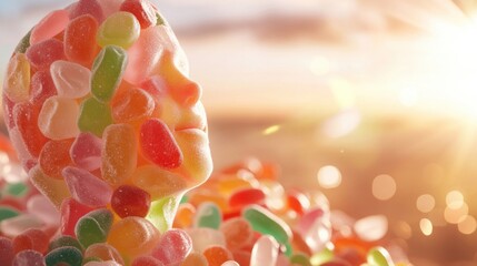 Colorful candy sculpture resembling a human figure at sunset