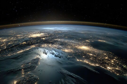 Earth at night, seen from space, with city lights prominent over landmasses