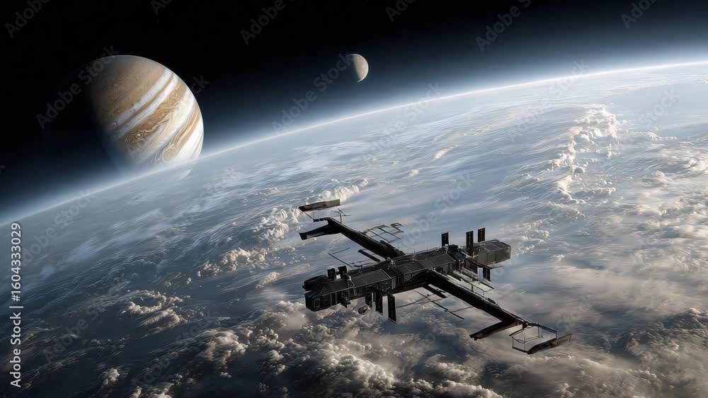 Poster a space station is captured orbiting earth while two distant planets are visible in the background a