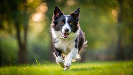 Happy black and white Border Collie and German Shepherd dogs and puppies playing outdoors in the grass