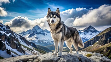A striking portrait of a white husky on a snow-covered mountain, its blue eyes gazing intently, a true winter friend