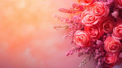 Beautiful arrangement of pink roses and purple flowers on soft background