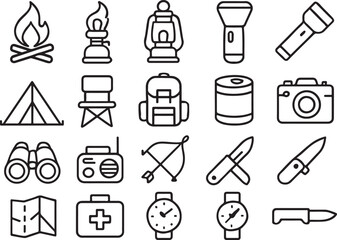 Obraz premium Camping gear icons fire lantern flashlight backpack binoculars camera vector