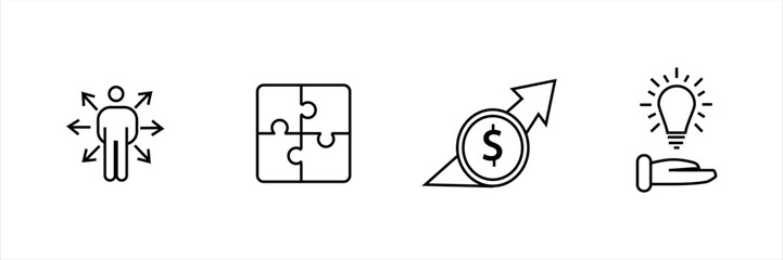 Business icons set with user directions, puzzle, financial growth, and idea support. Line style symbols for teamwork, innovation, and success strategy.