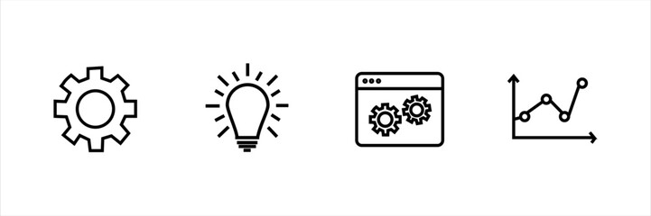 Set of business icons with gear, idea bulb, web optimization, and analytics graph. Linear symbols on white background. Concept for innovation, settings, and performance.