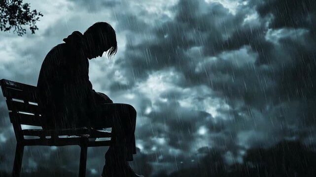 A man sits with his head down on a bench as rain falls heavily during a dark, cloudy evening. Autumn depression concept