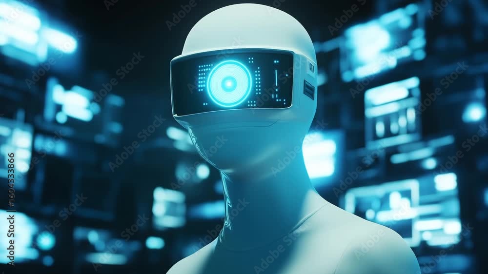 Aufkleber a robotic figure is showcased in a virtual reality setting filled with digital displays and advanced