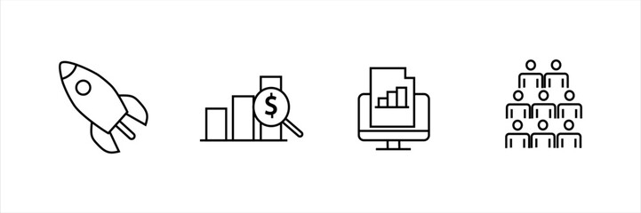 Set of line icons including rocket launch, financial growth, analytics report on screen, and people group. Concept for startup, finance, teamwork, and digital data.