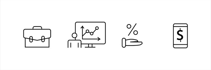 Line icons set showing briefcase, business presentation, percentage in hand, and mobile payment. Concept for finance, investment, and digital economy.