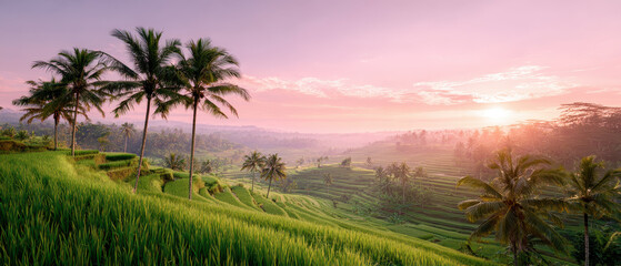 Tropical rice terrace landscape with palm trees and lush green fields under soft pink sunrise sky, creating tranquil and peaceful atmosphere in countryside