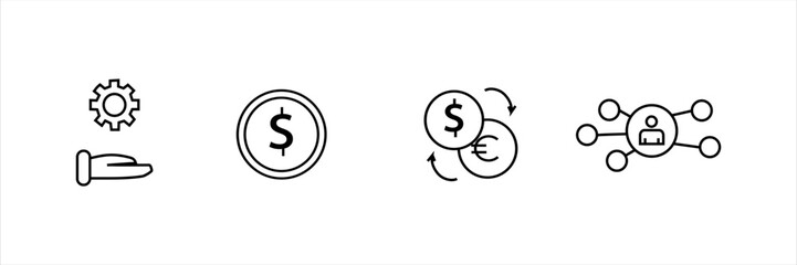 Line icons set with gear in hand, dollar coin, currency exchange, and user network. Concept for finance, service, transaction, and social connection.