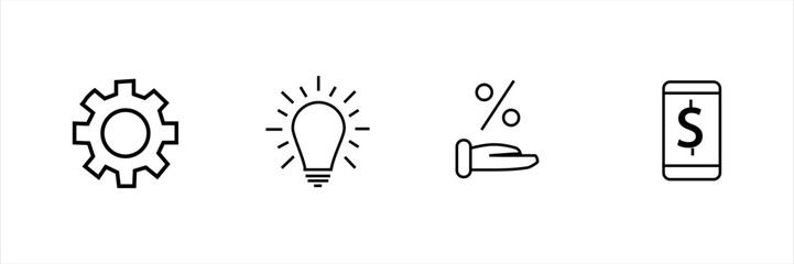 Gear, lightbulb, percentage in hand, and mobile dollar icon. Concept for idea, innovation, discount offer, settings, and mobile payment.
