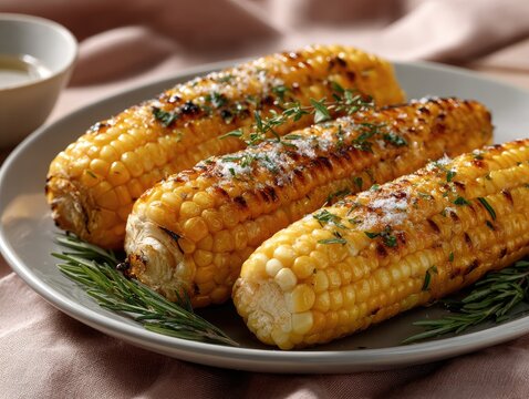 Grilled corn on the cob with fresh herbs and salt presented elegantly on a decorative plate, showcasing a flavorful side dish
