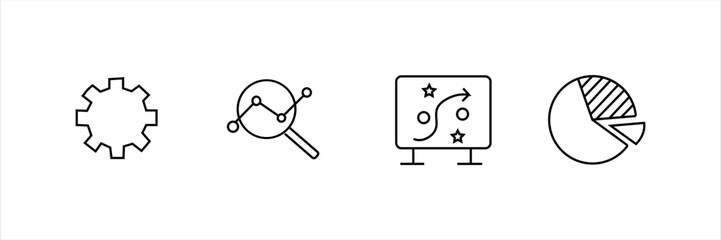 Gear, magnifier with graph, strategy board, and pie chart line icons. Concept for analytics, planning, data visualization, and business operations.