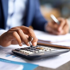 A person meticulously uses a calculator, his hands at the heart of financial analysis and calculation. He is shown reviewing financial documents.