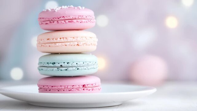 A stack of colorful macarons rests on a white plate against a soft pastel background