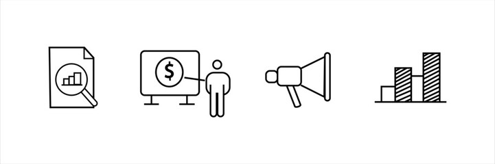 Icons of analytics report, financial presentation, marketing megaphone, and bar chart. Concept for business strategy, finance analysis, and promotion.