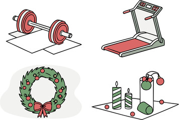 Christmas fitness and festive decor elements including a barbell treadmill wreath and candles with ornaments presented in a clean isometric illustration style