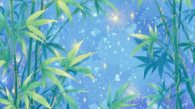 Animated bamboo forest with sparkling particles against a dreamy blue background scenery.