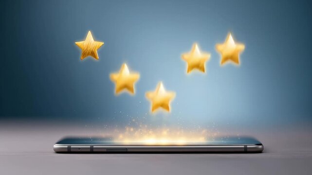 Person leaving a five star review on a smartphone using a touch screen over blue background